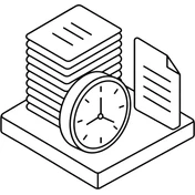 Una pila de documentos con un reloj delante.